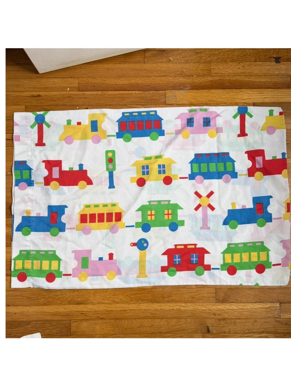 Vintage Train Locomotive Pillowcase Primary Colors 1980’s Transportation Novelty